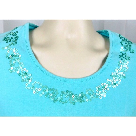 Croft & Barrow Stretch Womans Tee Sequined Neckline Medium Blue - Picture 2 of 7